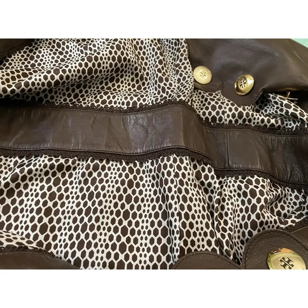 TORY BURCH Cordelia Scalloped 100% Lamb Leather Jacket Logo Buttons Long Size 6